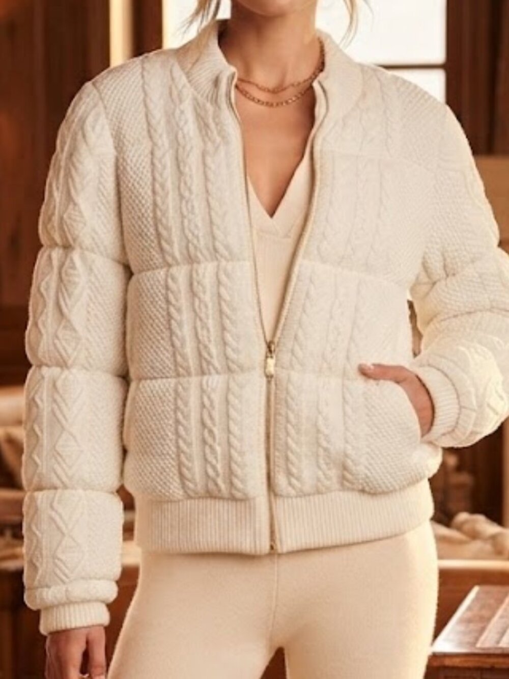 LoveShackFancy Cream Cable-Knit Quilted Puffer Jacket Size M